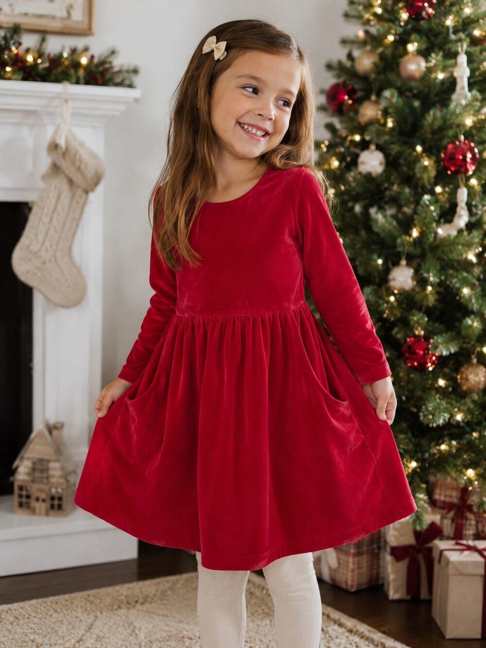 Hanna Andersson Girls Red Velour Pocket Dress Size 5 (110 cm)
